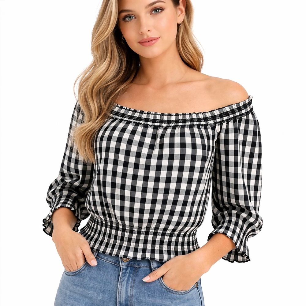 Tanya Taylor Black & White Gingham Off Shoulder Smocked Top XS Fits Size Small